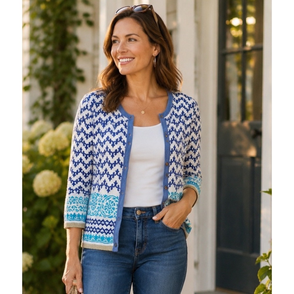 J. McLaughlin Blue White Button Front 3/4 Sleeve Preppy Luxury Cardigan Med EUC